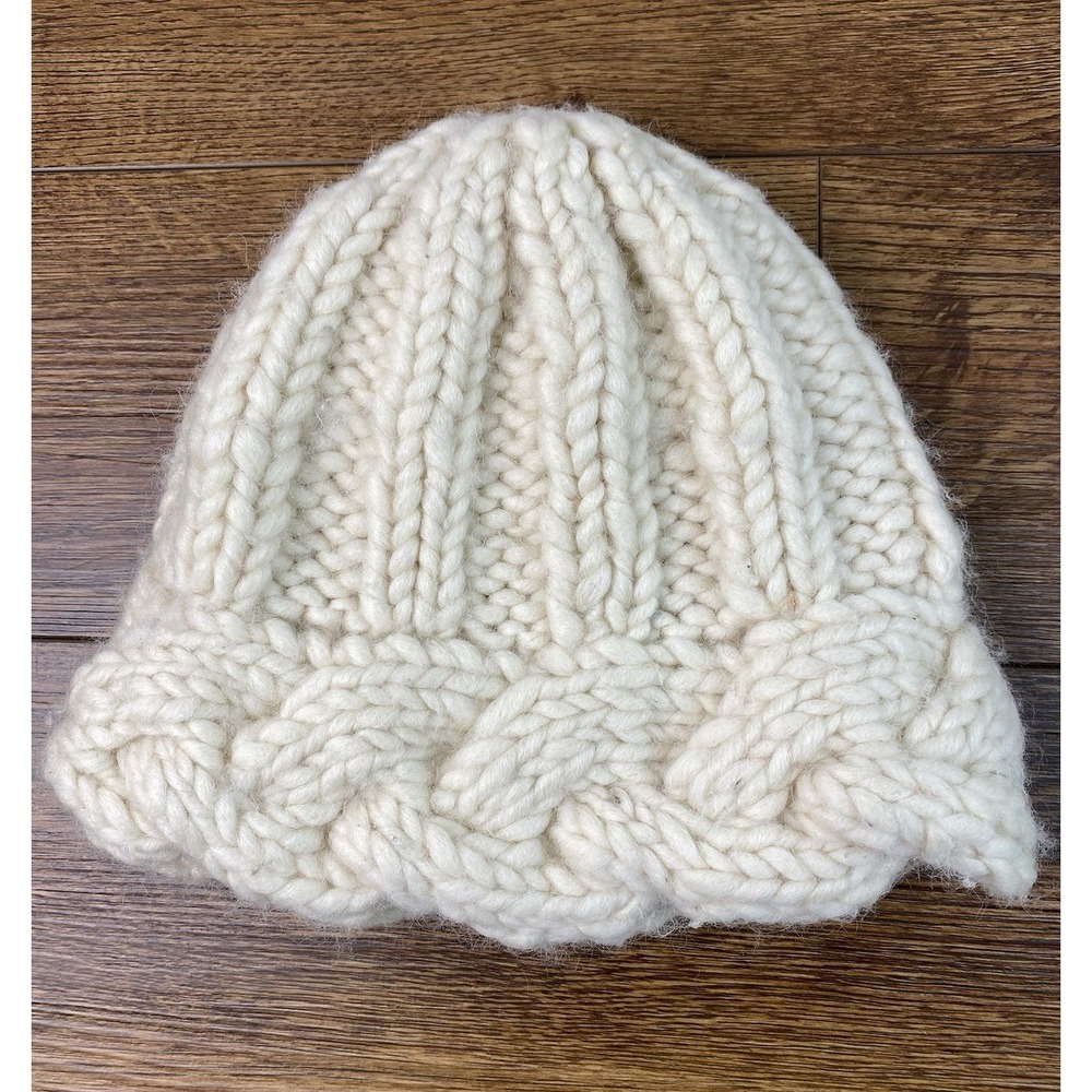 Nirvanna Designs Women's Ivory Chunky Cable Knit Wool Beanie Handmade in Nepal